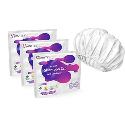 Image of Omnitex Premium Rinse Free Shampoo Cap Microwaveable with Conditioner &amp; Vitamins Nourish Protect Herbal Extracts Barrier Cream No Water, Parabens, Latex Free, Alcohol (Pack 3)