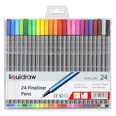 Image of Liquidraw 24 Fineliner Colouring Pens Set Fine Point 0.4mm Assorted Colours, Fineliners Coloured Pens, L24FL