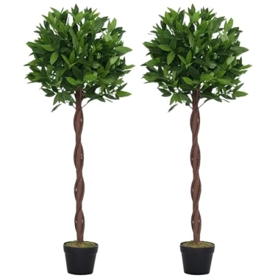 Image of Outsunny Set Of 2 120cm/4FT Artificial Bay Laurel Topiary Trees w/Pot Fake Indoor Outdoor Greenery Plant Home Office Garden Decor Green
