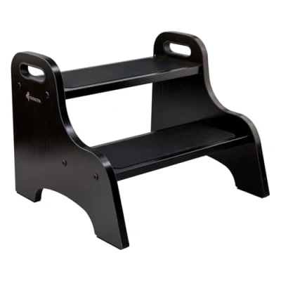 Image of StrongTek Wood 2 Step Stool for Kids with Non Slip Stepping Surface, Portable Handles, Skid Resistant Foot Pads, and 300 lbs. Capacity, Multipurpose Heavy Duty Support (Espresso)