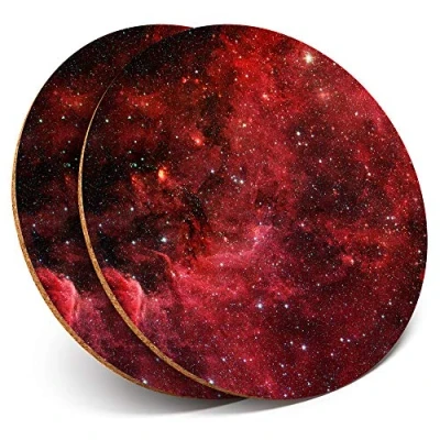 Image of 2 x Round Coasters Red Galaxy Nebula Space NASA Stars Cork Backed Home Kitchen Accessory Tea Coffee Mug Mat #24094