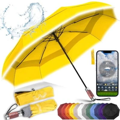Image of Royal Walk Windproof Folding Travel Umbrella Compact and Strong Luxurious Real Wood Handle Automatic Open Close Vented Double Canopy for Men Women (Yellow)