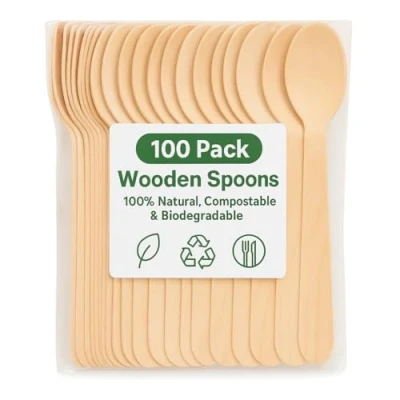 Image of 1Above 100Pk Disposable Wooden Cutlery Set, 100% Natural and Biodegradable, Eco Friendly Set for Wedding, Office Party Picnic (Spoon)