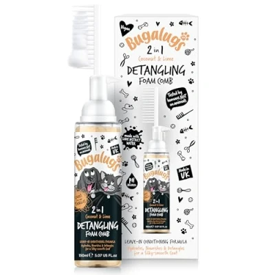 Image of Bugalugs Pet Detangler Foam Comb leave In conditioner Spray for de matting. No tangles. Professional Dog grooming formula with Wheat protein. knot removal (Coconut &amp; Lime)