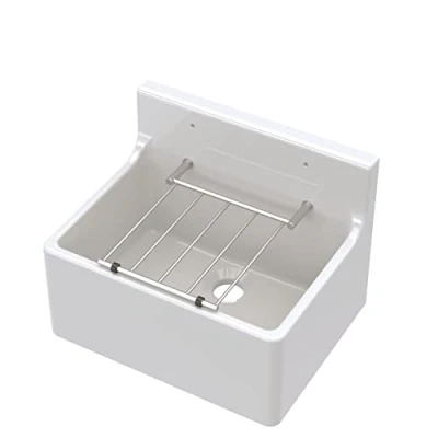 Image of White Single Bowl Fireclay Cleaner Sink with Grill 515mm x 382mm 393mm