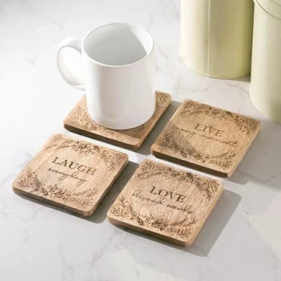 Image of Marco Paul Wooden Coasters Set of 4 with Holder Kitchen Accessories Square Placemat Barware Drinks Rustic Decor Home Tabletop Protection Wood Housewarming Gift