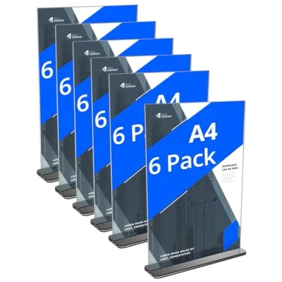 Image of QWORK® 6 Pack A4 Acrylic Sign Holder with Base, Double Sided Display Stand Poster Menu for Office Hotel Restaurant Exhibition Wedding