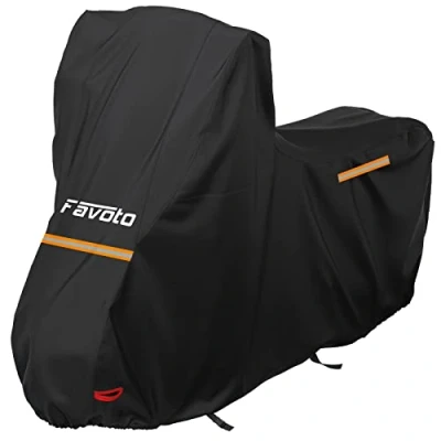 Image of Favoto Motorcycle Cover Waterproof Outdoor 210D Oxford Motorbike 96.5 inch UV Protection Dustproof with Windscreen Reflective Strips Lock Hole Black 245 x 105 160 cm