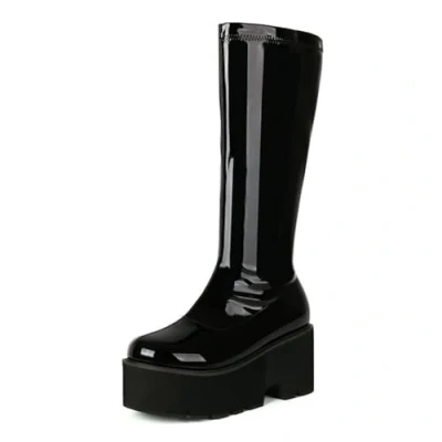 Image of Womens Chunky Platform Knee High Boots Wedge Heel Round Toe Patent Leather Punk Motorcycles Goth Mid Calf Boots,Black,6.5 UK