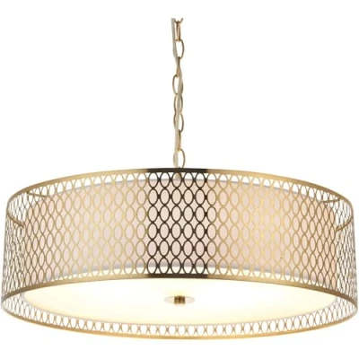 Image of Hanging Ceiling Pendant Light Gold Effect Plate White Fabric &amp; Frosted Glass 3 X 10W LED E27
