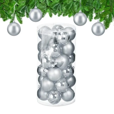 Image of Relaxdays Christmas Bauble Set of 30, Glittery, Matt &amp; Shiny Ornaments, Plastic Xmas Tree Balls, HxD: 7 x 6 cm,