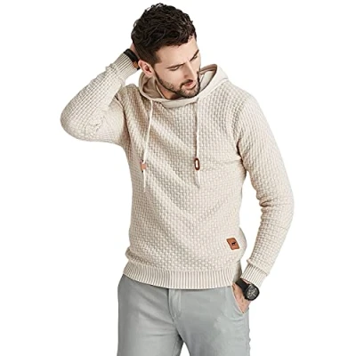 Image of Genfien Men&#039;s Casual Long Sleeve Funnel Neck Plaid Jacquard Pullover Thick Knitted Sports Hooded Sweatshirt Khaki