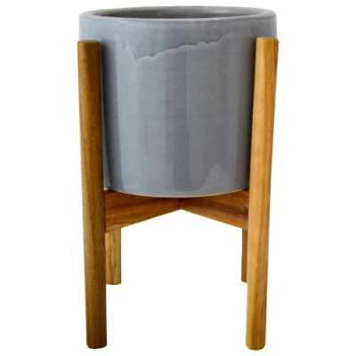 Image of Ivyline Anzio Warm Grey Planter with Wooden Stand Stylish, Waterproof &amp; Durable Decorative Glazed Indoor Ceramic Flower Pot H38.5cm x D24cm