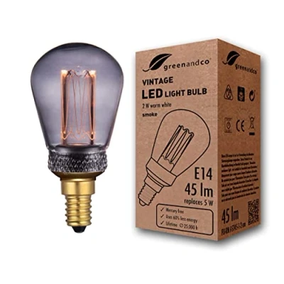 Image of greenandco® E14 ST45 LED Vintage Retro Filament Bulb Smoke Edison Style 2W 45lm 2000K 320 230V Glass Bulb, no Flicker, not dimmable