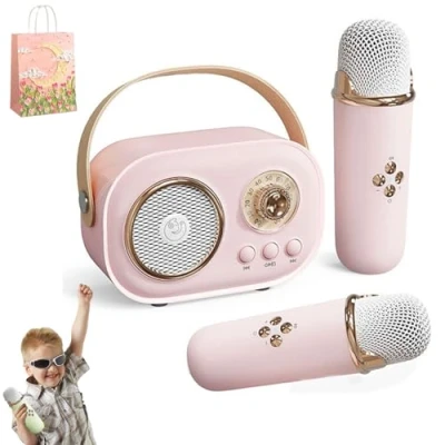 Image of Karaoke Machine for Kids, Mini With 2 Wireless Microphones, Kids Girls, C20 Machine, Retro Speaker Set Stereo Sound Party (2 Mic,Pink)