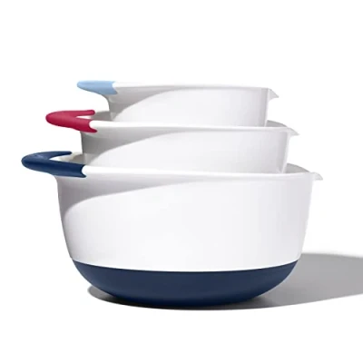 Image of OXO,Plastic Good Grips 3 Piece Mixing Bowl Set Blueberry, Jam &amp; Seltzer Handles​,4.7 LITERS, Large