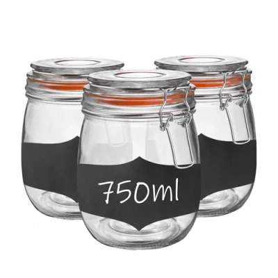 Image of Argon Tableware Glass Jars with Airtight Metal Clip Lid &amp; Chalkboard Stickers 750ml/26.4oz 3 Pack 4 Colour Seals Kitchen Container Round Preserving Jar for Pickling, Chutney, Jam, Coffee
