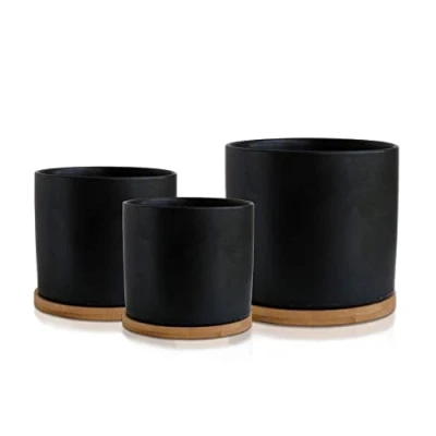Image of Olly &amp; Rose Matt Black Set 3 Ceramic Plant Pots with Bamboo Coasters Indoor Planters White Pot Ser Flower Containers Outdoor Large, Medium, Small saucers