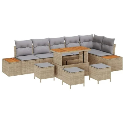 Image of vidaXL 10 Piece Garden Sofa Set with Cushions Beige Poly Rattan Acacia