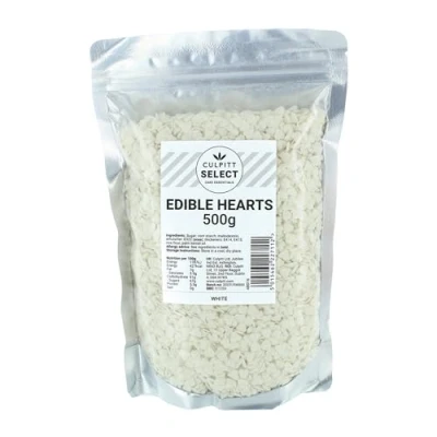 Image of Culpitt Select Edible Hearts White Cake Sprinkle Decorations For Cakes, Cupcakes, Cookies, Ice Cream, and Desserts, Shapes 500g