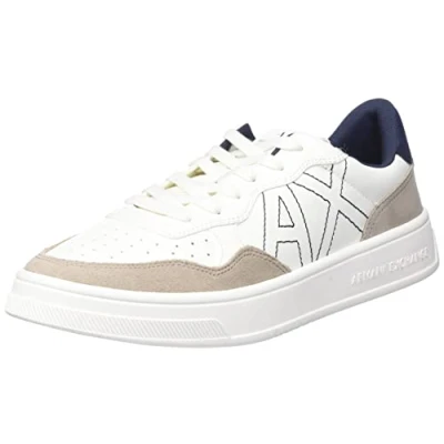 Image of Armani Exchange Men&#039;s Suede Detail, Front Logo Patch, Trainers, Off White + Beige Sneaker, 7.5 UK