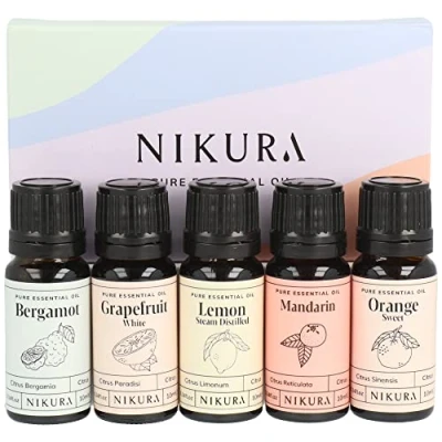 Image of Nikura Citrus Essential Oil Gift Set for Diffusers Home, Clean, Skincare, Anxiety Bergamot, Grapefruit, Lemon, Mandarin, Orange Aromatherapy, Candle Scents, Soap Making 5 x 10ml UK Made