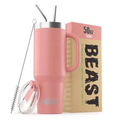 Image of Beast Tumbler 1500 ml (50 oz), Blossom Pink Reusable Stainless Steel, Vacuum Insulated Cup with + 2 Straws &amp; Cleaning Brush Double Wall Travel Flask Perfect for Hot or Iced Coffee BPA Free