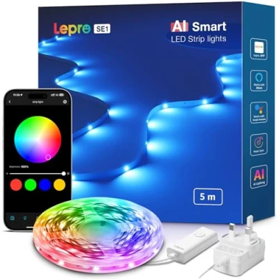 Image of Lepro SE1 AI Smart RGB LED Strip Lights 5M, Voice &amp; App Control, Works with Alexa Google Home, Music Sync, Lighting Design Assistant, Colour Changing for Bedroom, 2.4G WiFi, No Remote