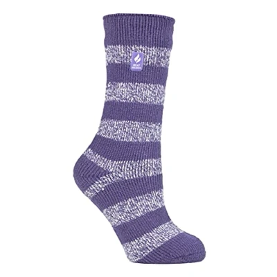 Image of HEAT HOLDERS Ladies Thermal Socks for Winter Outdoor &amp; Indoor Cuddly Fluffy Gifts Women (4 7, Mulberry Purple/White (Chunky Stripe))