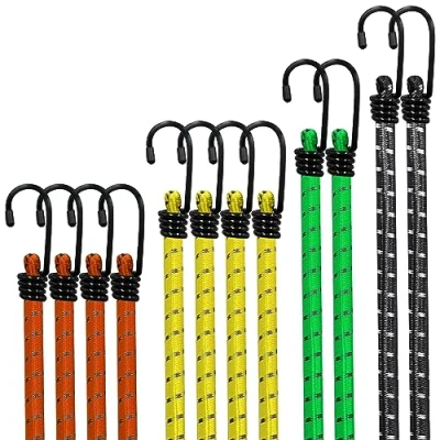 Image of Bungee Cords with Hooks Jsdoin 12PCS Heavy Duty Cord Weatherproof &amp; UV Resistant Elastic Straps For Securing Tarps, Luggage, Tents, Bikes, Garden Furniture
