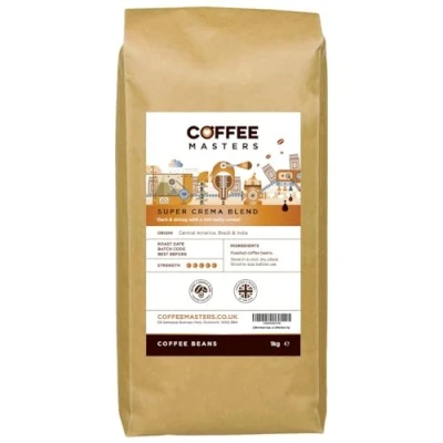 Image of Coffee Masters Super Crema Espresso Beans 1kg Intensely Strong Dark Roasted Blend of Arabica and Robusta Whole Ideal for Machines
