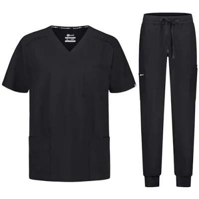 Image of B well Matteo Men&#039;s Scrub Set Slip On Tunic + Jogging Trousers Medical Doctor Uniform Work Wear with Elastane, black, S