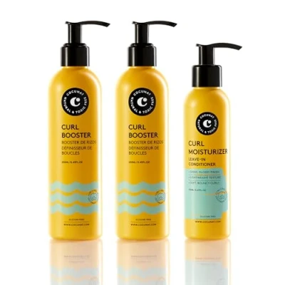 Image of COCUNAT Curl Booster 2 + Moisturizer Leave In Defining gel Detangles, Defines and Hydrates Curls Eliminates Frizz Method 250ml 150ml