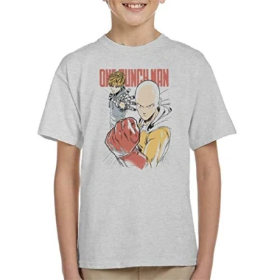 Image of One Punch Man Saitama and Genos Heroes Colour Kid&#039;s T Shirt Heather Grey