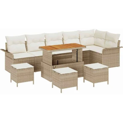 Image of vidaXL 10 Piece Garden Sofa Set with Cushions Beige Poly Rattan Acacia