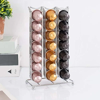 Image of Coffee Pod Capsule Holder for 42 Pieces Nespresso Capsules, Display Pods Stand Shelf, Storage Rack Chrome Finish Kitchen Space Saving (Silver)