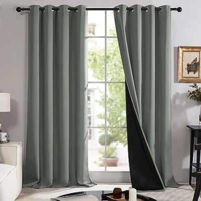 Image of Deconovo Light Grey Bedroom Curtains, Full Blocking Curtains with Liner, 100% Blockout Modern Satin Eyelet for Window Living Room, 55 x 96 Inch(Width Length), 2 Panels