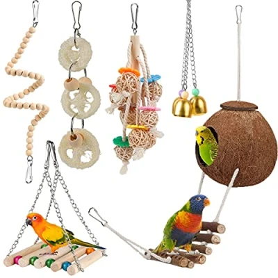 Image of Bird Parakeet Toy Cage Hammock Perch Natural Coconut Hideaway with Ladder Swing Chewing Hanging Bell Mirror for Parrots,Parakeet,Conure,Cockatiel,Budgerigar,Love Birds,Mynah,Finches