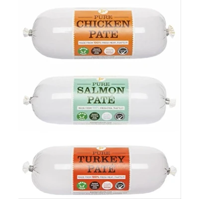 Image of 5 x 400g JR Pet Products Pure Pate Pâté Complete Dog Food Variety Pack (2 Chicken 2 Turkey 1 Salmon)