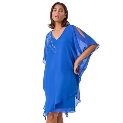 Image of Roman Womens Embellished Cold Shoulder Overlay Dress Blue Size 12 UK
