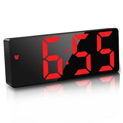 Image of JQGo Alarm Clock Digital Battery Powered, LED Travel Clocks Beside Mains Powered Non Ticking with Snooze Temperature Date Time Brightness Adjustable for Kids Adults (Red)