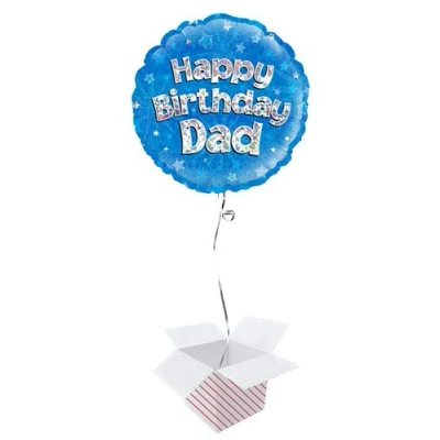 Image of Happy Birthday Dad Blue Holographic Round Foil Helium Balloon Inflated in a Box
