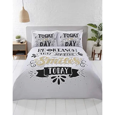 Image of Rapport Home Today is The Day Double Duvet Cover Bed Quilt Set Black White Gold, Polycotton