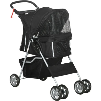 Image of PawHut Pet Stroller for Small Miniature Dogs Cats Foldable Travel Carriage with Wheels Zipper Entry Cup Holder Storage Basket Black