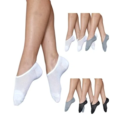 Image of Silky Invisible No Show Socks 6 Pair Pack UK 4 8 White/Black/Grey