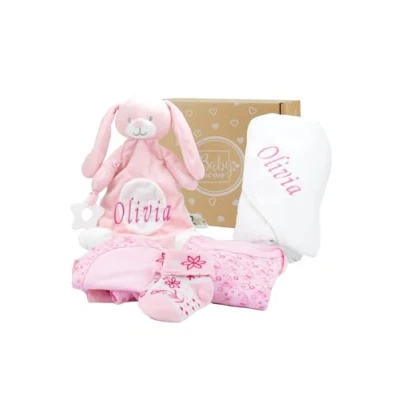 Image of Baby Box Shop Personalised Girl Gifts Hooded Towel &amp; Rabbit Comforter with 4 Newborn Essentials, Ideal as Shower Christening for Girls
