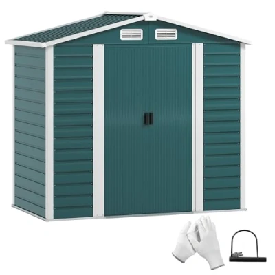 Image of Outsunny 7 x 4ft Garden Shed, Easy to Assemble, Upgraded Galvanised Steel Frame with Foundation Kit, Double Doors Lock, Outdoor Metal Shed Vents and Gloves, Storage Green