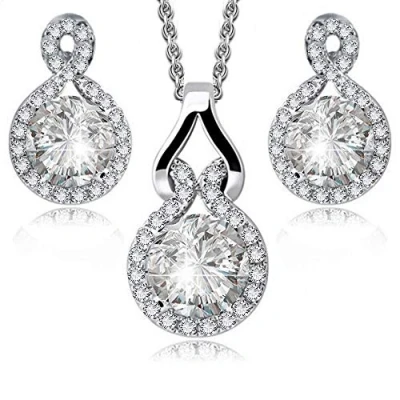 Image of Crystalline Azuria Women Girls 18ct White Gold Plated Round Zirconia Crystals Set Pendant Necklace 17.7 inches Stud Earrings