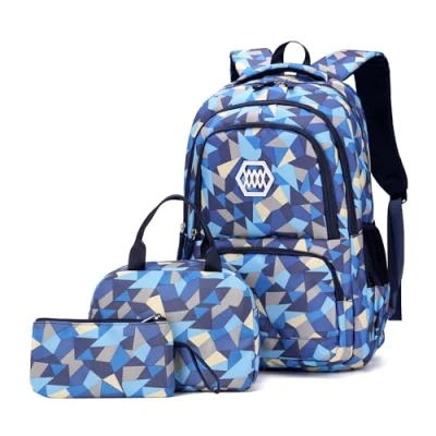 Image of Geometric Print Backpack and Lunch Bag Set for Boys Primary School Elementary Bookbags