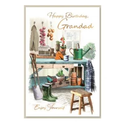 Image of Birthday Card for Grandad, Greenhouse Scene, 13x19cm, Bronze Foil Accents
